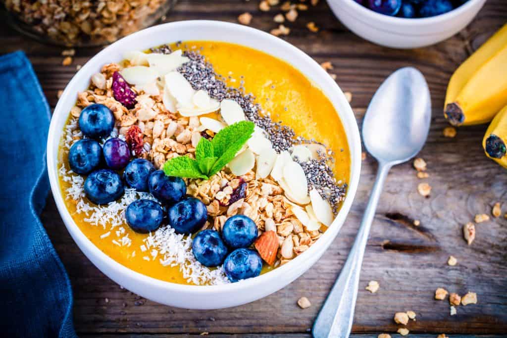 smoothie bowl, mango, strawberry, eating healthier